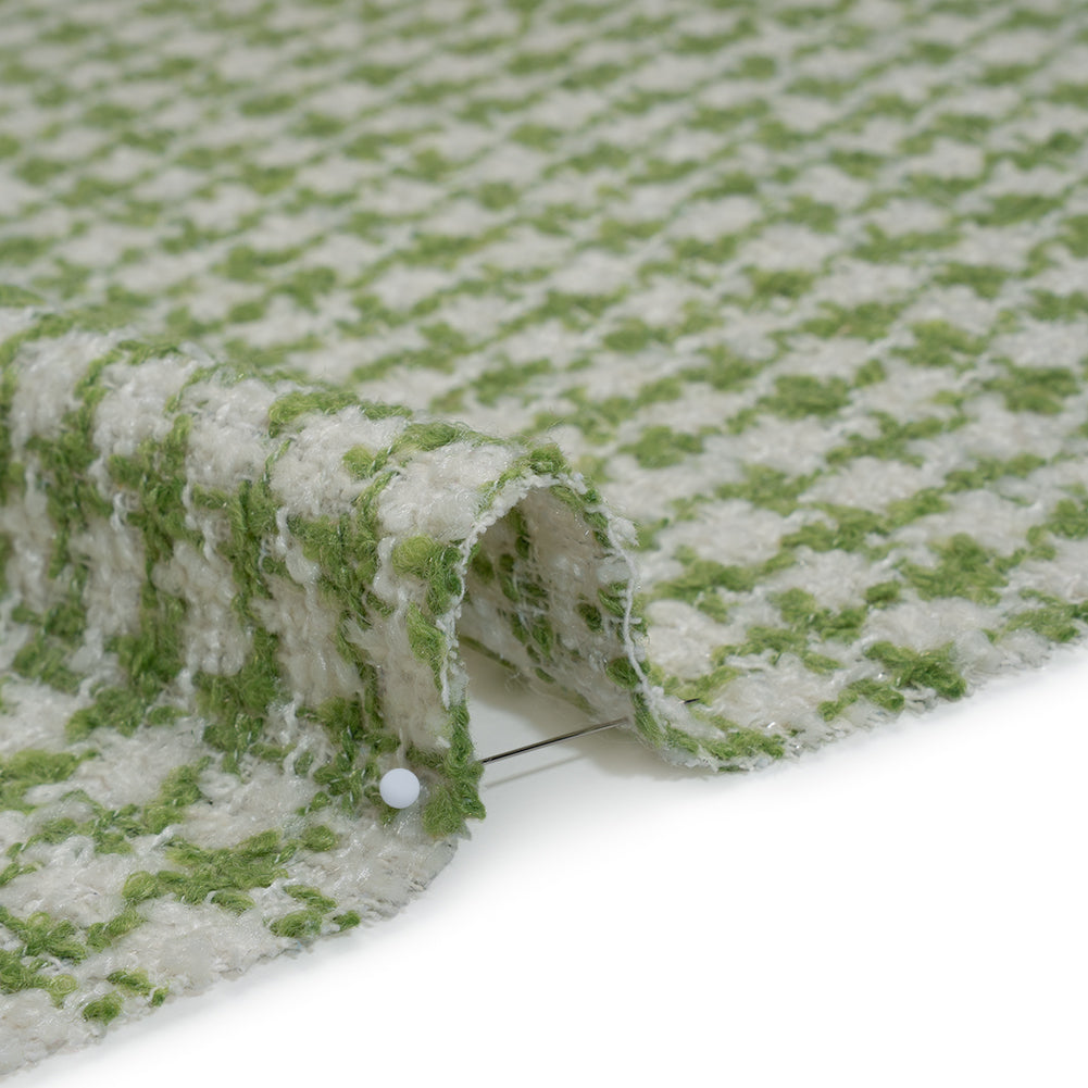 Polyester Boucle Tweed with Metallic Accents - Avocado Green, White and Silver Houndstooth - Deadstock Detail