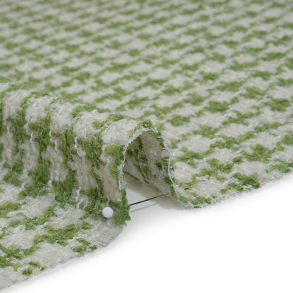 Polyester Boucle Tweed with Metallic Accents - Avocado Green, White and Silver Houndstooth - Deadstock Detail