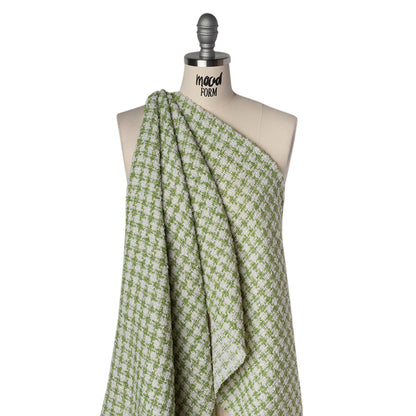 Polyester Boucle Tweed with Metallic Accents - Avocado Green, White and Silver Houndstooth - Deadstock Drape