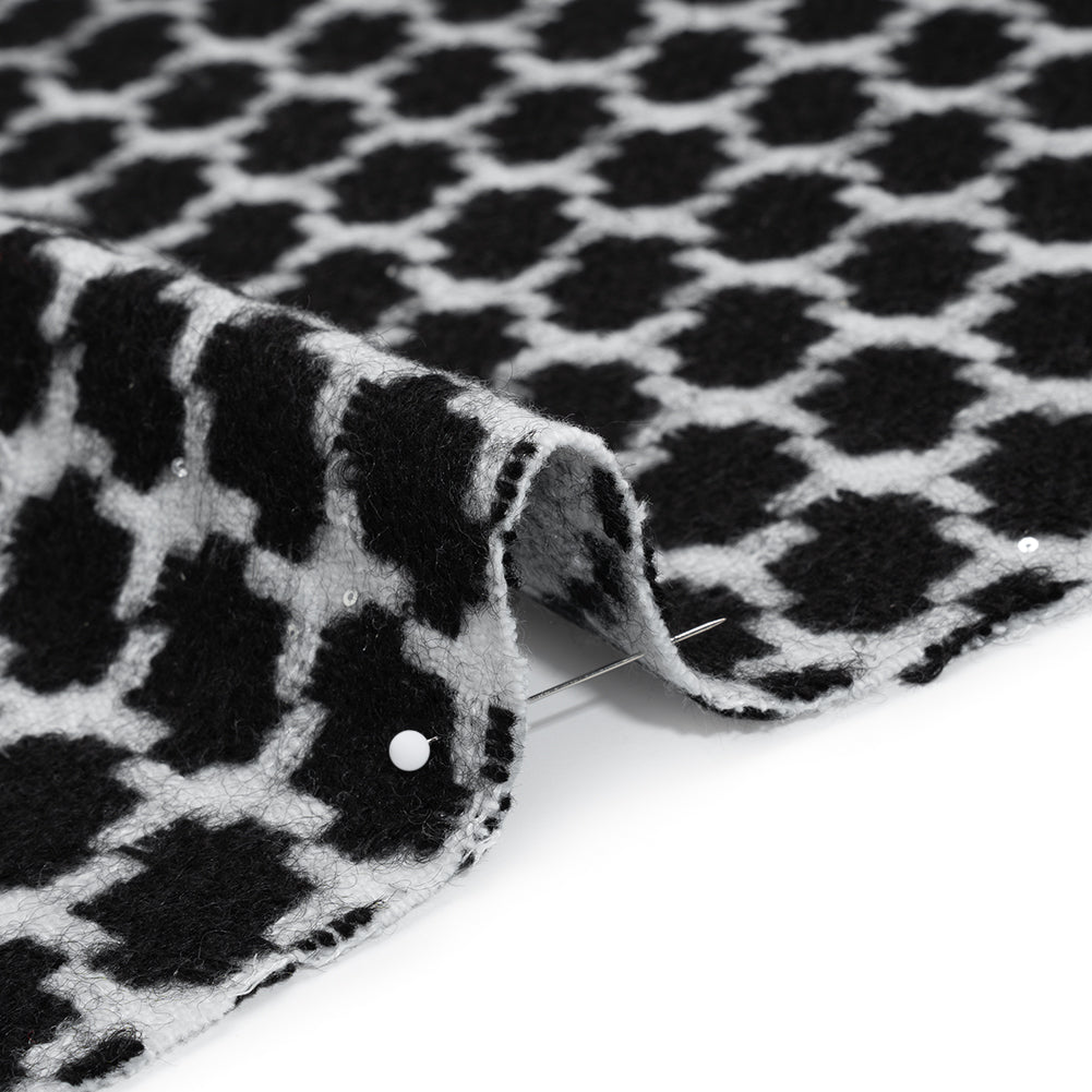 Wool Blend Tweed with Clear Baby Sequins - Black and White Chunky Houndstooth - Deadstock Detail