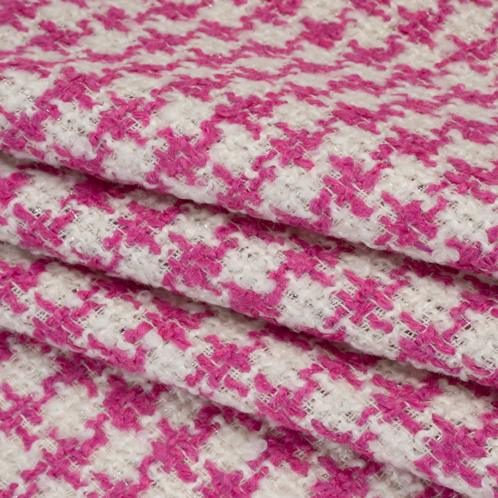 Polyester Boucle Tweed with Metallic Accents - Fuchsia, White and Silver Houndstooth - Deadstock Folded