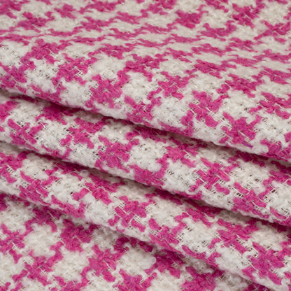 Polyester Boucle Tweed with Metallic Accents - Fuchsia, White and Silver Houndstooth - Deadstock Folded