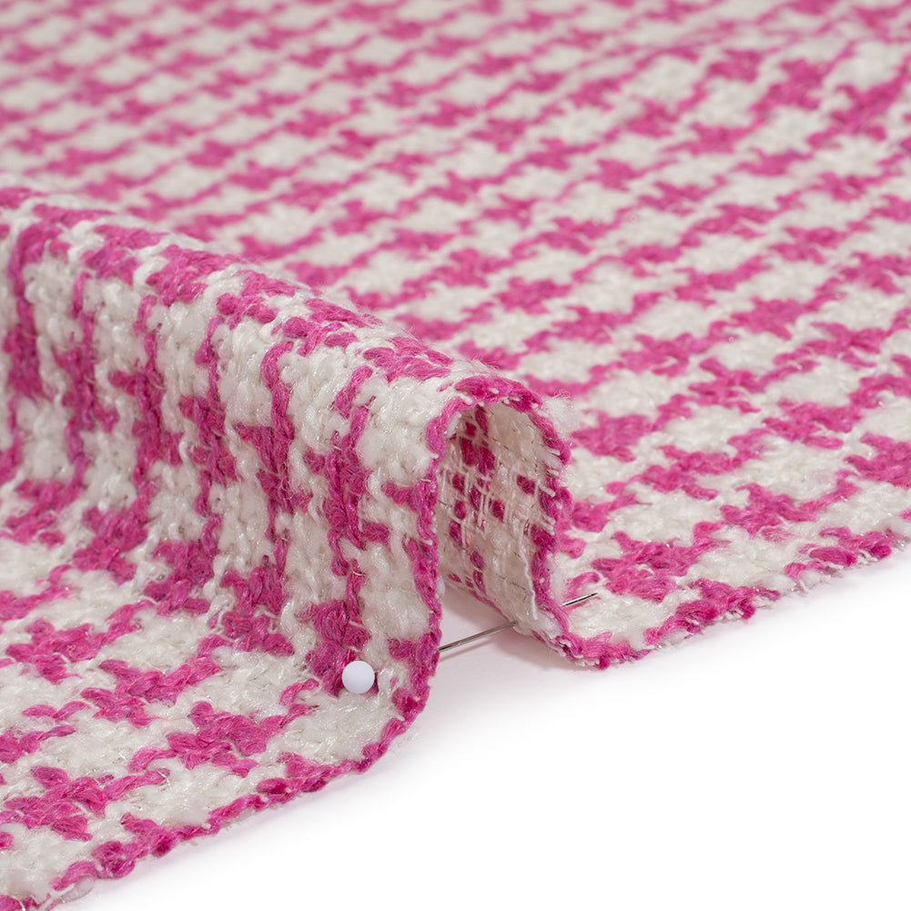 Polyester Boucle Tweed with Metallic Accents - Fuchsia, White and Silver Houndstooth - Deadstock Detail