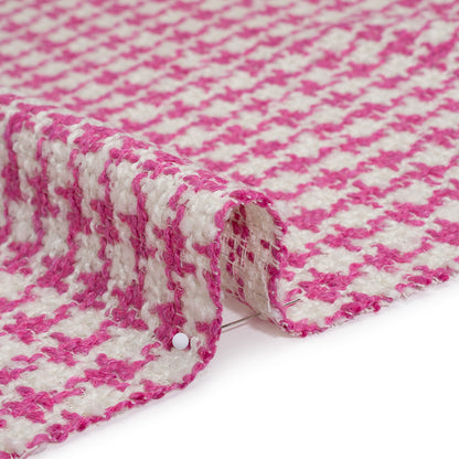 Polyester Boucle Tweed with Metallic Accents - Fuchsia, White and Silver Houndstooth - Deadstock Detail
