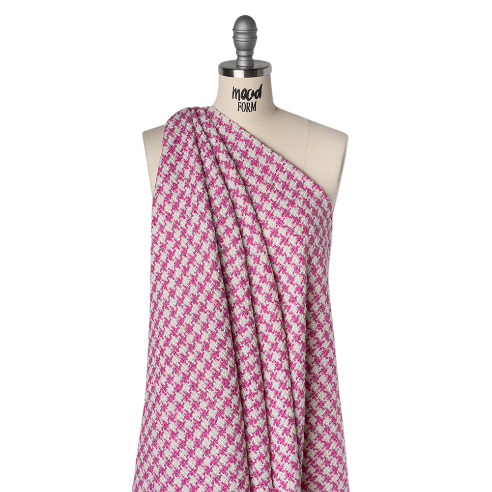 Polyester Boucle Tweed with Metallic Accents - Fuchsia, White and Silver Houndstooth - Deadstock Drape