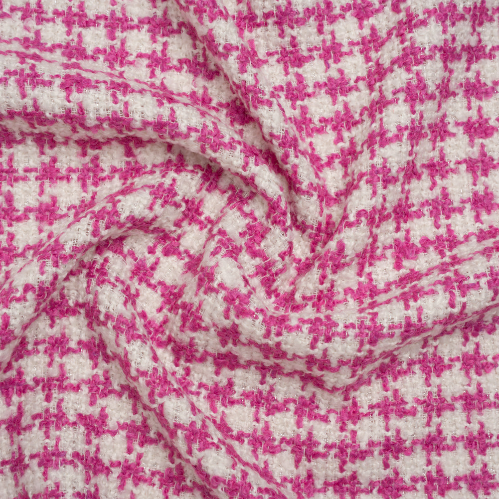 Polyester Boucle Tweed with Metallic Accents - Fuchsia, White and Silver Houndstooth - Deadstock
