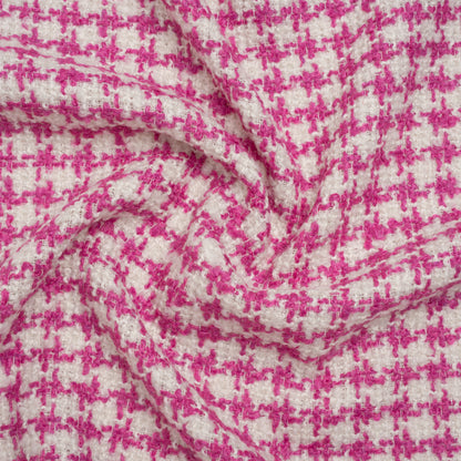 Polyester Boucle Tweed with Metallic Accents - Fuchsia, White and Silver Houndstooth - Deadstock