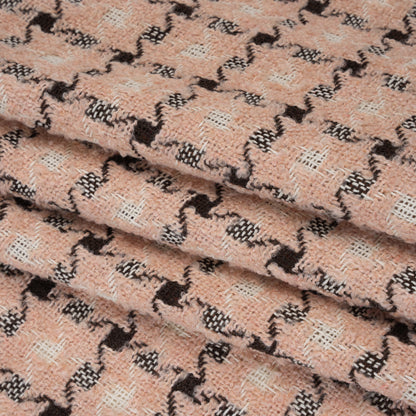 Polyester Boucle Tweed - Blush Pink, Dark Brown and White Houndstooth Check - Deadstock Folded