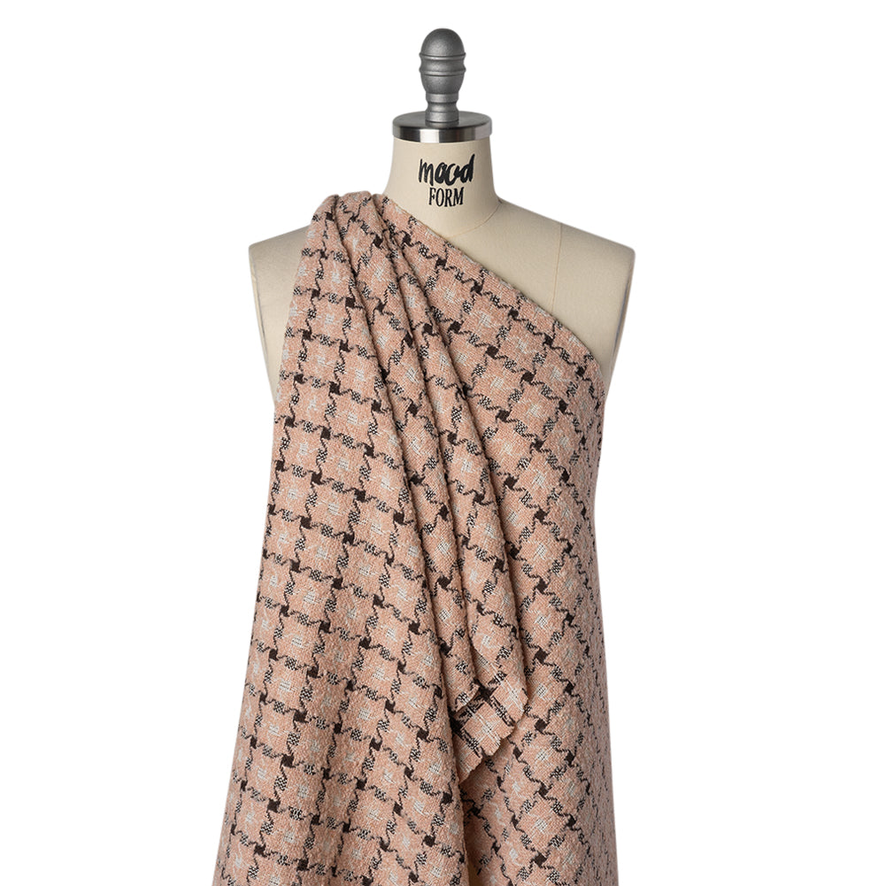 Polyester Boucle Tweed - Blush Pink, Dark Brown and White Houndstooth Check - Deadstock Drape