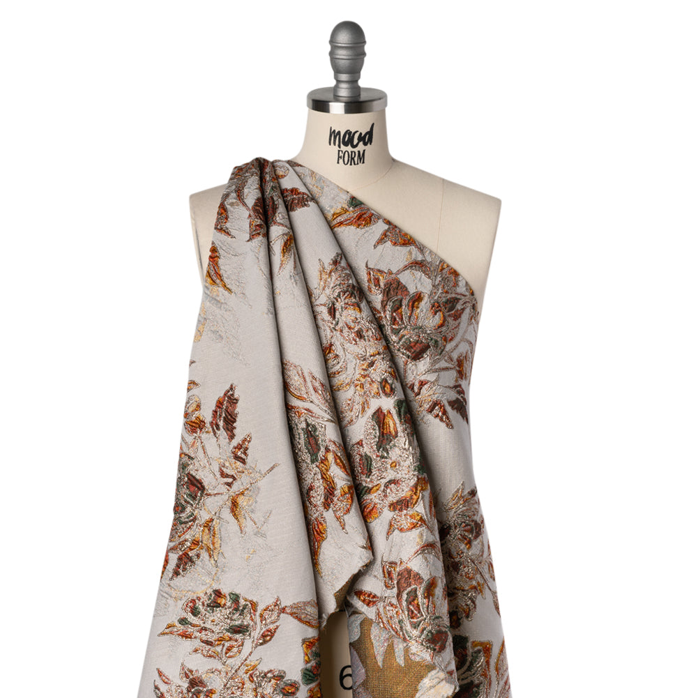 Metallic Polyester Brocade - Light Beige, Red Orange and Green Floral - Deadstock Drape