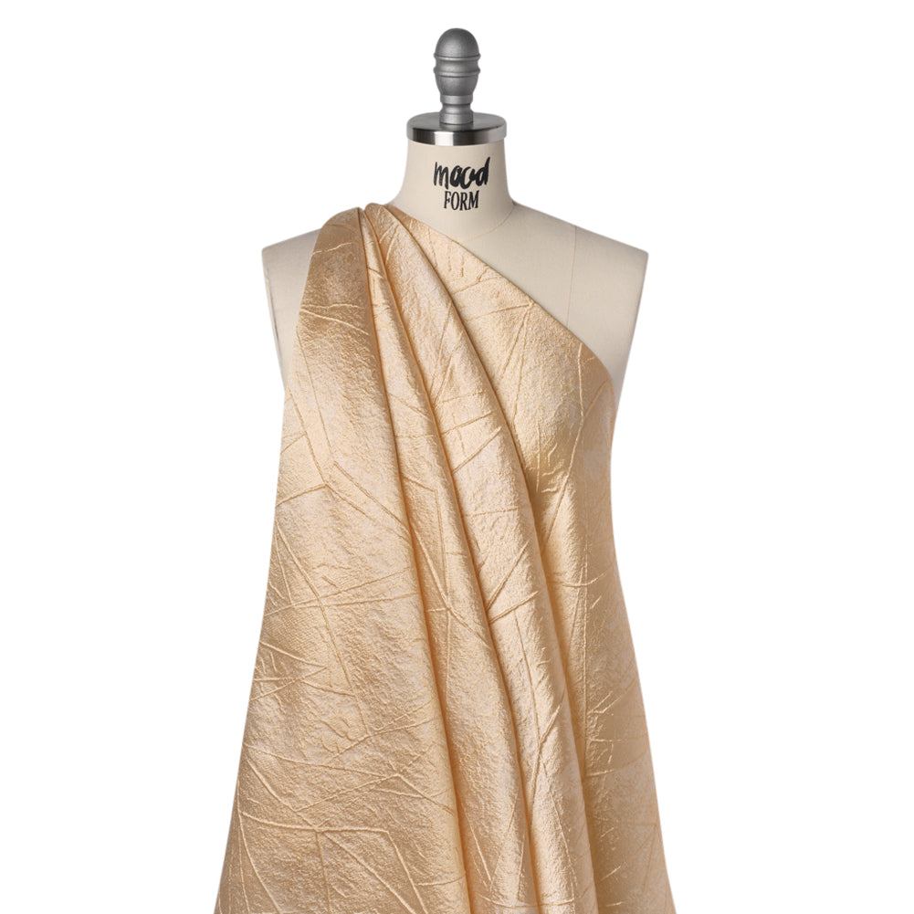 Luminous Polyester Brocade - Golden Tan Abstract Lines - Deadstock Drape