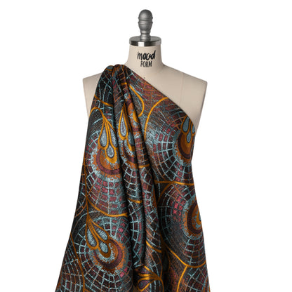 Metallic Polyester Brocade - Orange, Wine Red and Sky Blue Geometrically Abstract Dandelions - Deadstock Drape