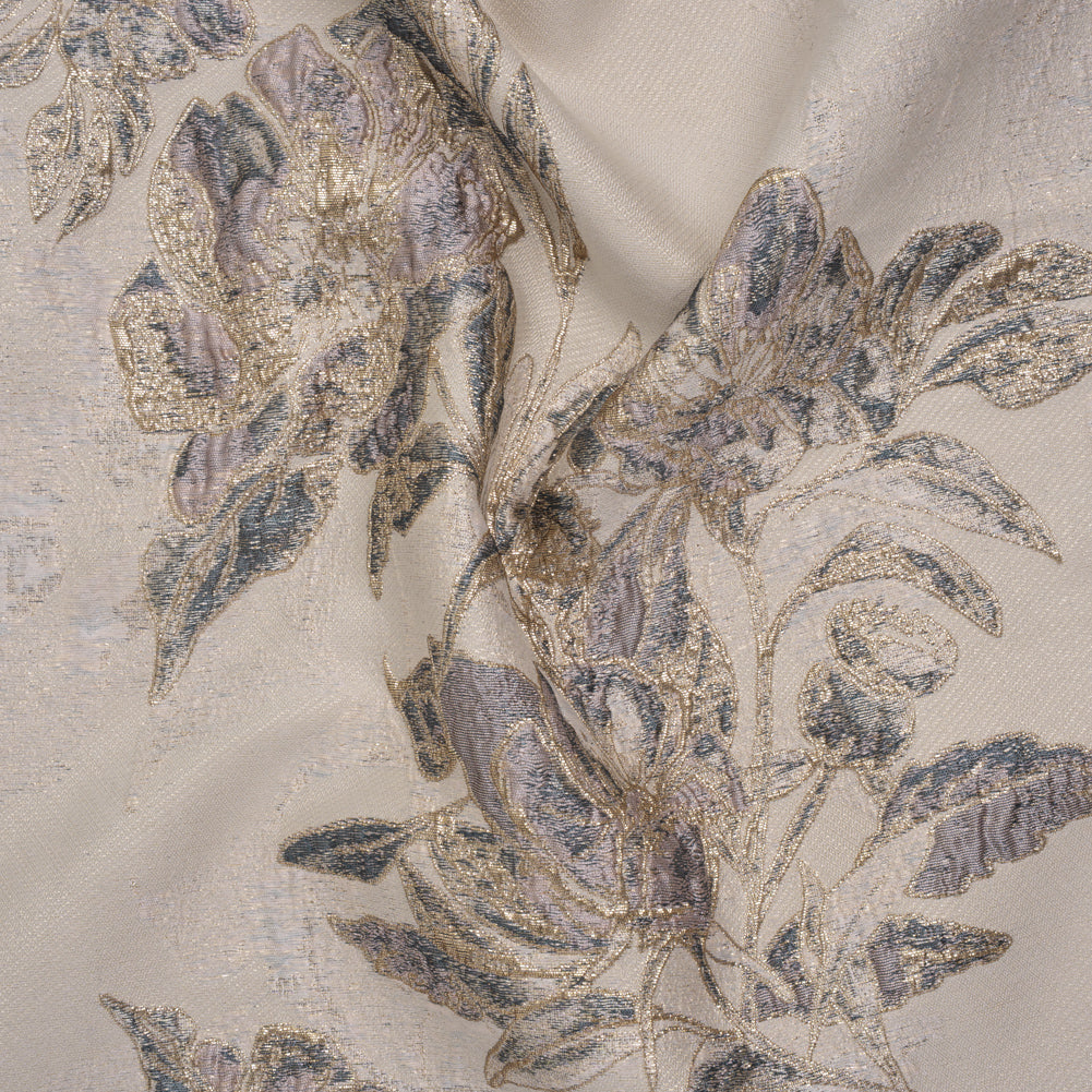 Metallic Polyester Brocade - Pale Pink, Steel Blue and Gold Floral - Deadstock