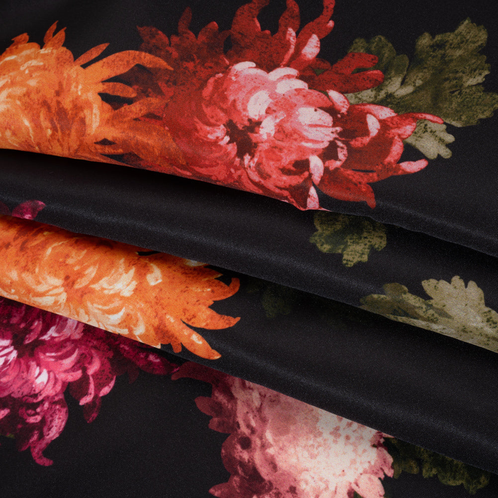 Polyester Faille Print by Carolina Herrera - Black, Orange and Pink Chrysanthemum Floral - Designer Deadstock - Folded