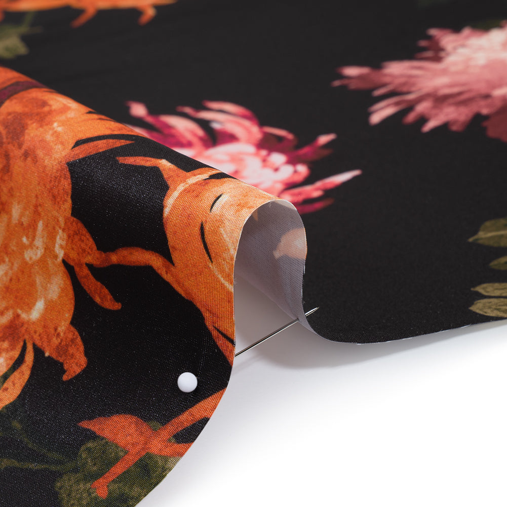 Polyester Faille Print by Carolina Herrera - Black, Orange and Pink Chrysanthemum Floral - Designer Deadstock - Detail
