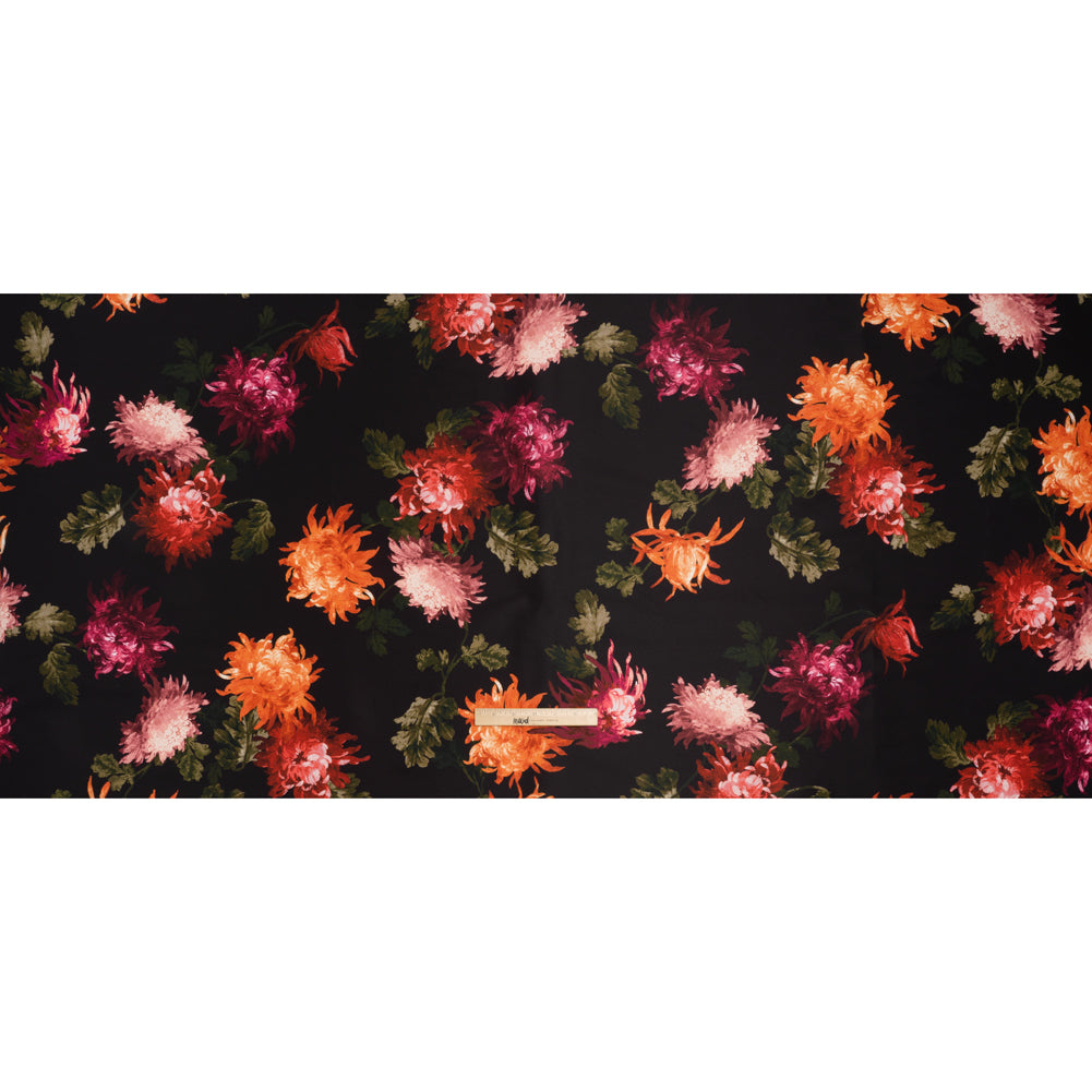Polyester Faille Print by Carolina Herrera - Black, Orange and Pink Chrysanthemum Floral - Designer Deadstock - Full
