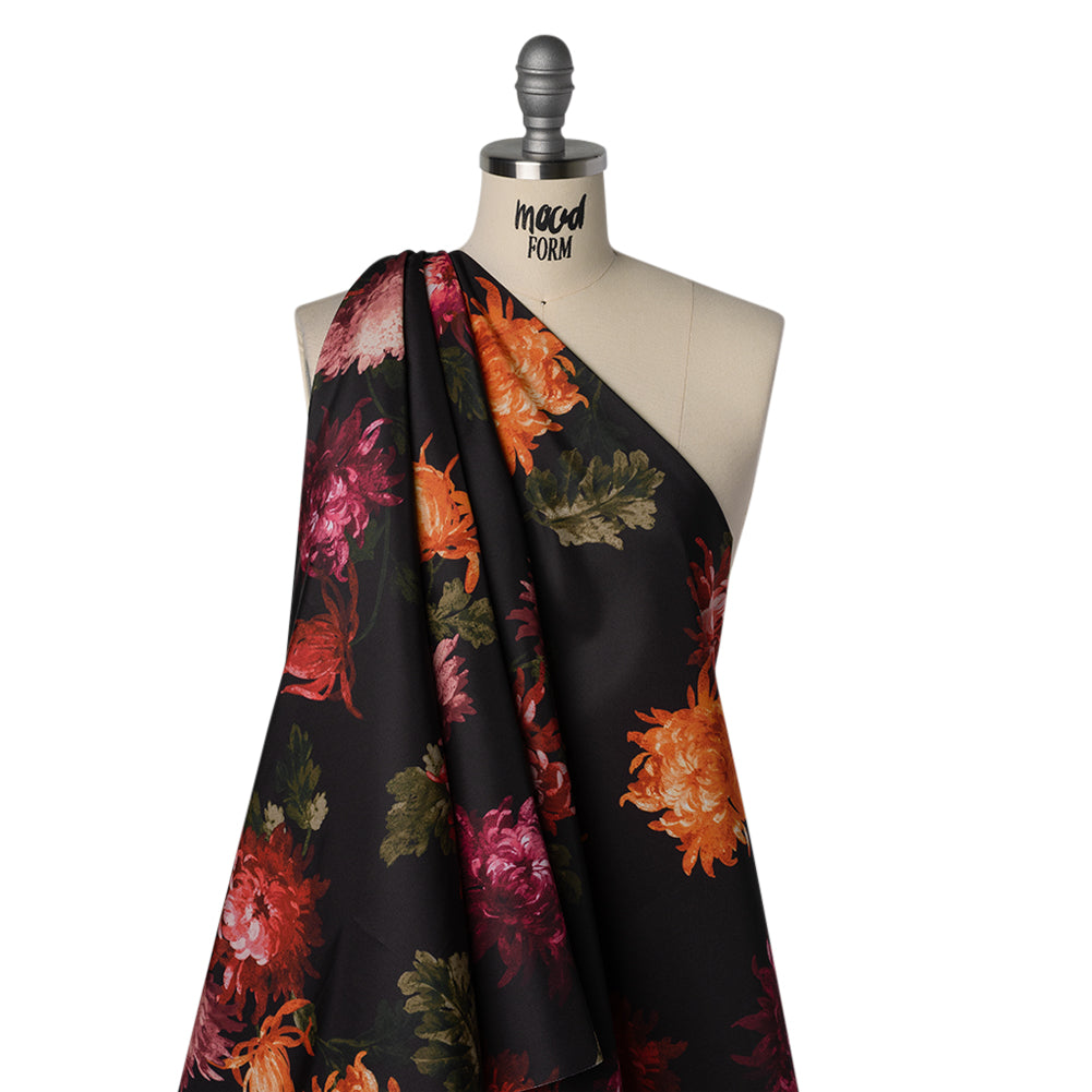 Polyester Faille Print by Carolina Herrera - Black, Orange and Pink Chrysanthemum Floral - Designer Deadstock - Drape