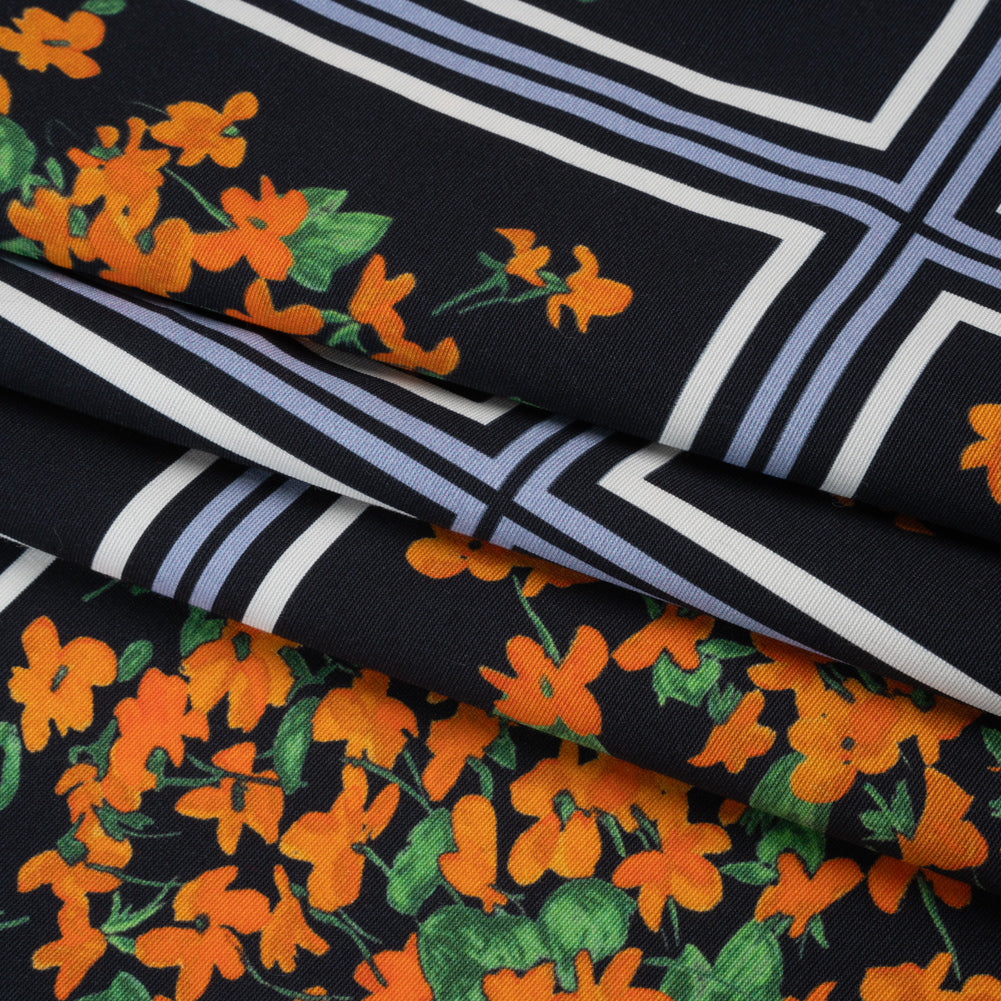 Stretch Cotton and Viscose Faille Print by Carolina Herrera - Black, Country Blue and Orange Floral Bunch Squares - Designer Deadstock - Folded