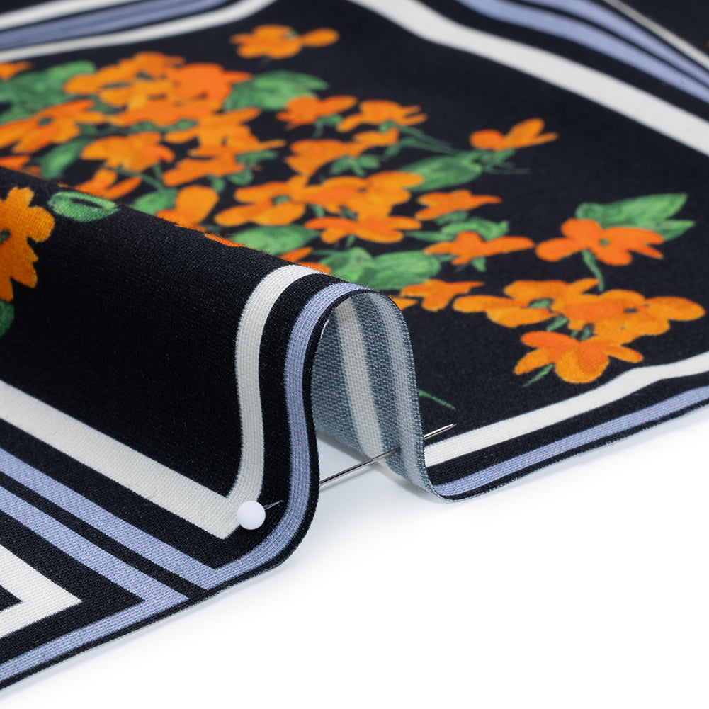 Stretch Cotton and Viscose Faille Print by Carolina Herrera - Black, Country Blue and Orange Floral Bunch Squares - Designer Deadstock - Detail