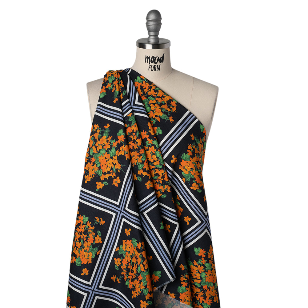 Stretch Cotton and Viscose Faille Print by Carolina Herrera - Black, Country Blue and Orange Floral Bunch Squares - Designer Deadstock - Drape