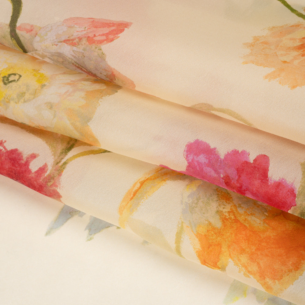 Satin Faced Silk Organza Print by Carolina Herrera - Cream, Pink and Orange Watercolor Florals - Designer Deadstock - Folded