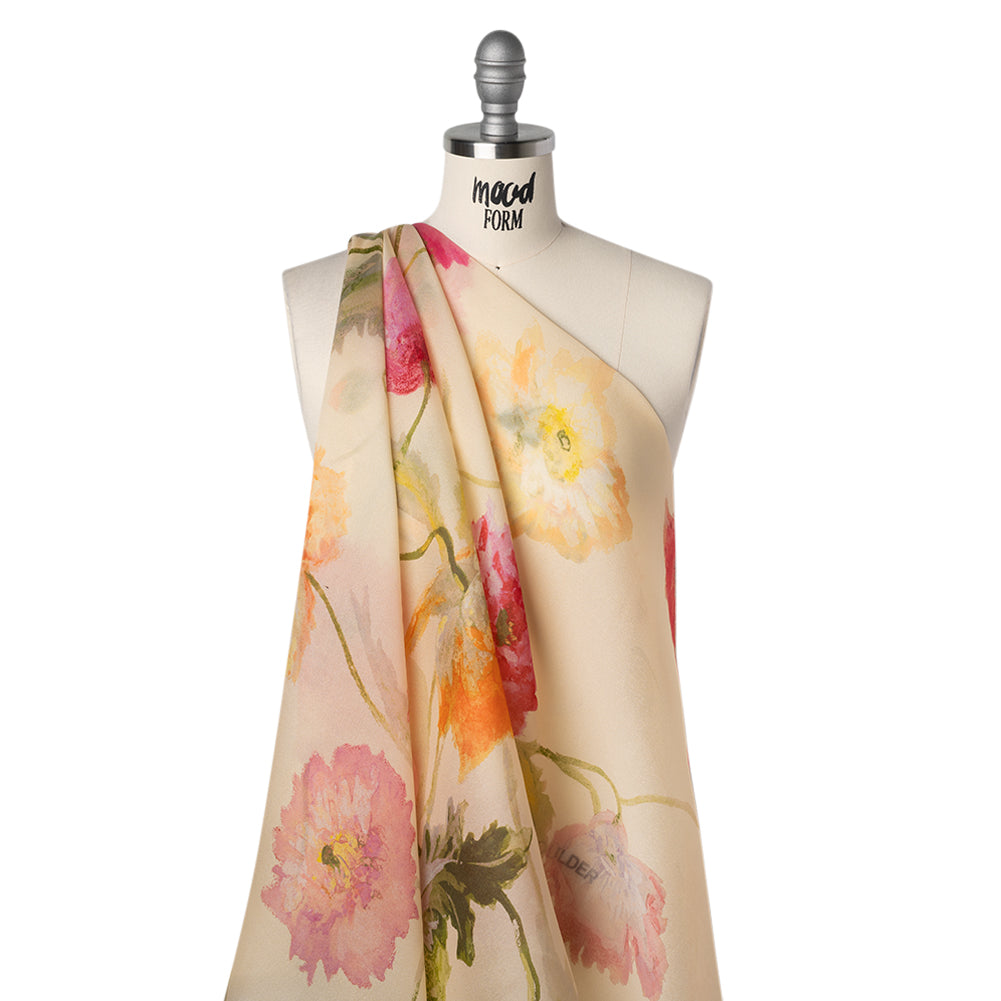 Satin Faced Silk Organza Print by Carolina Herrera - Cream, Pink and Orange Watercolor Florals - Designer Deadstock - Drape