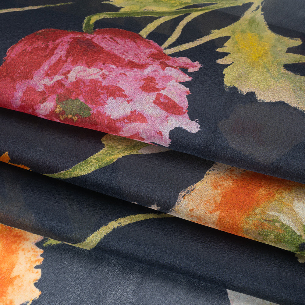 Satin Faced Silk Organza Print by Carolina Herrera - Navy, Pink and Orange Watercolor Florals - Designer Deadstock - Folded