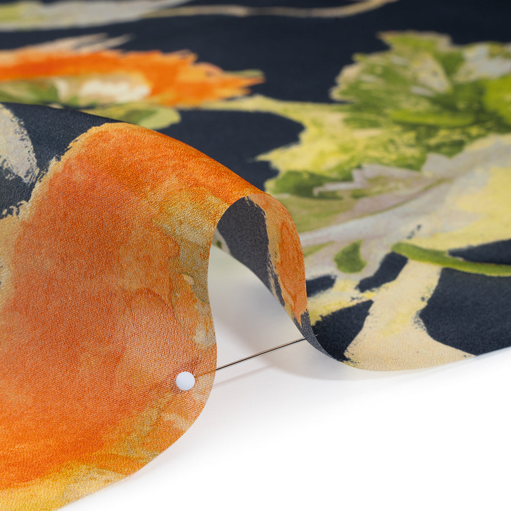 Satin Faced Silk Organza Print by Carolina Herrera - Navy, Pink and Orange Watercolor Florals - Designer Deadstock - Detail