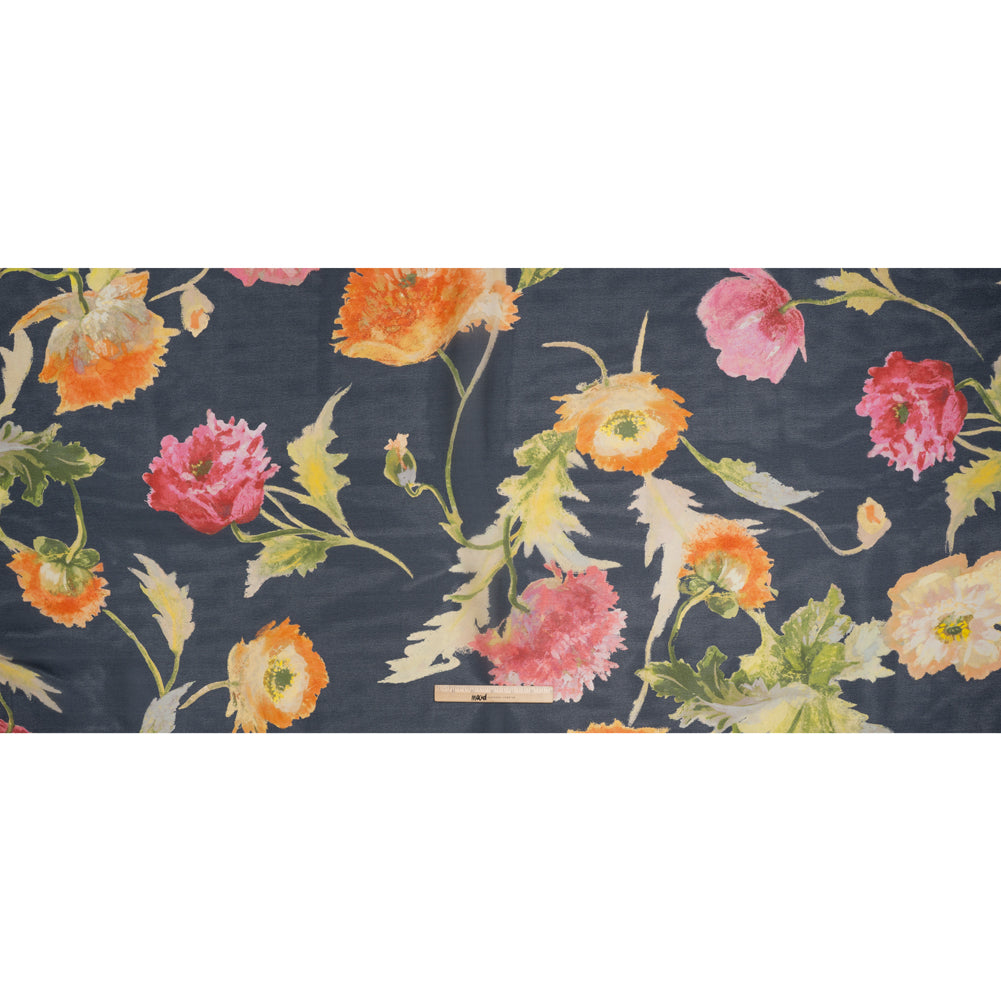 Satin Faced Silk Organza Print by Carolina Herrera - Navy, Pink and Orange Watercolor Florals - Designer Deadstock - Full