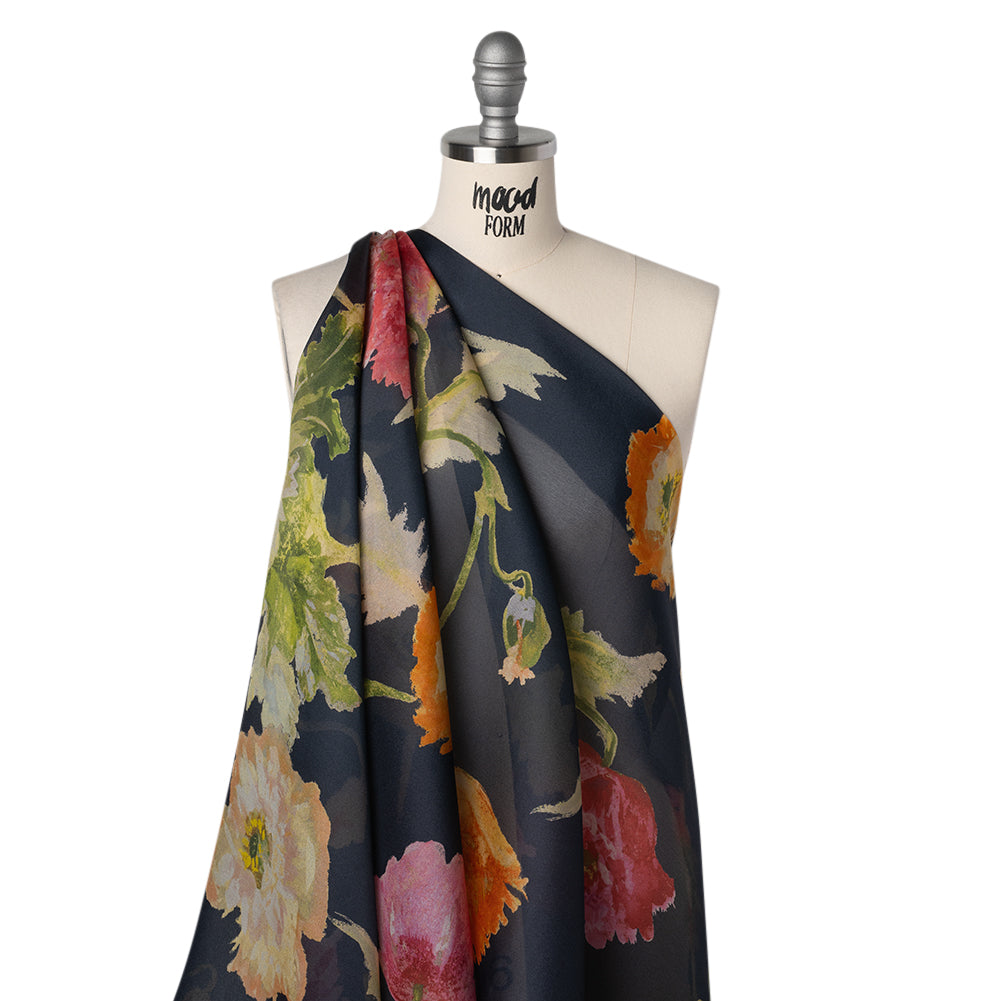 Satin Faced Silk Organza Print by Carolina Herrera - Navy, Pink and Orange Watercolor Florals - Designer Deadstock - Drape