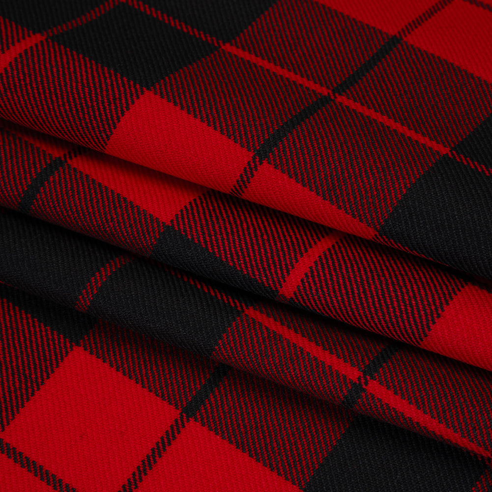 Virgin Wool Twill Made in Italy - Red and Black Classic Plaid - Folded