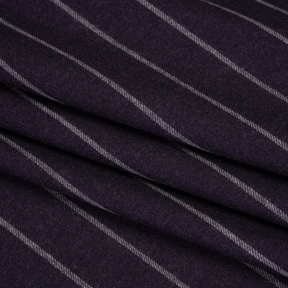 Stretch Virgin Wool Twill Suiting Made in Italy - Plum Purple and White Chalk Stripes - Folded