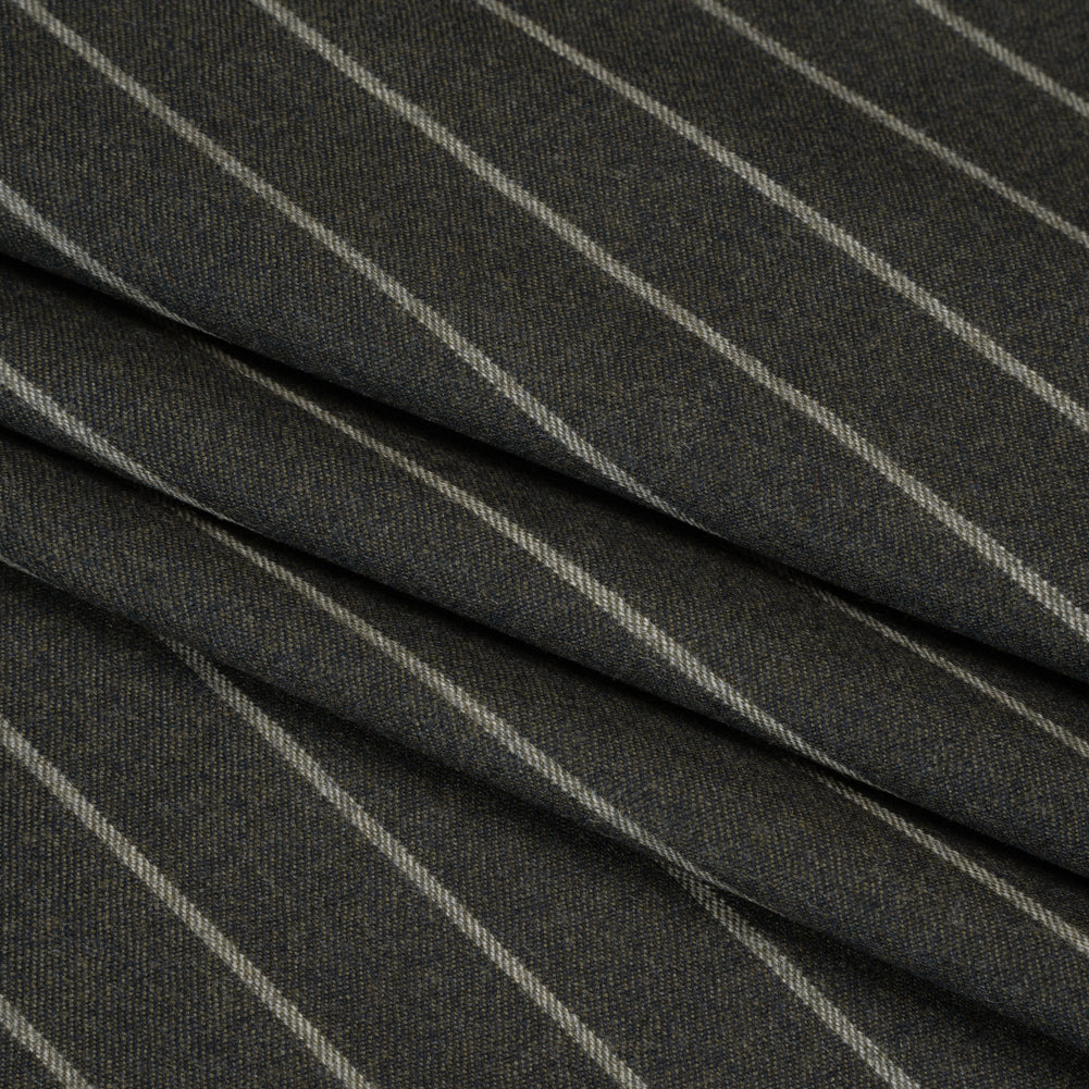 Stretch Virgin Wool Twill Suiting Made in Italy - Dark Green and White Chalk Stripes - Folded