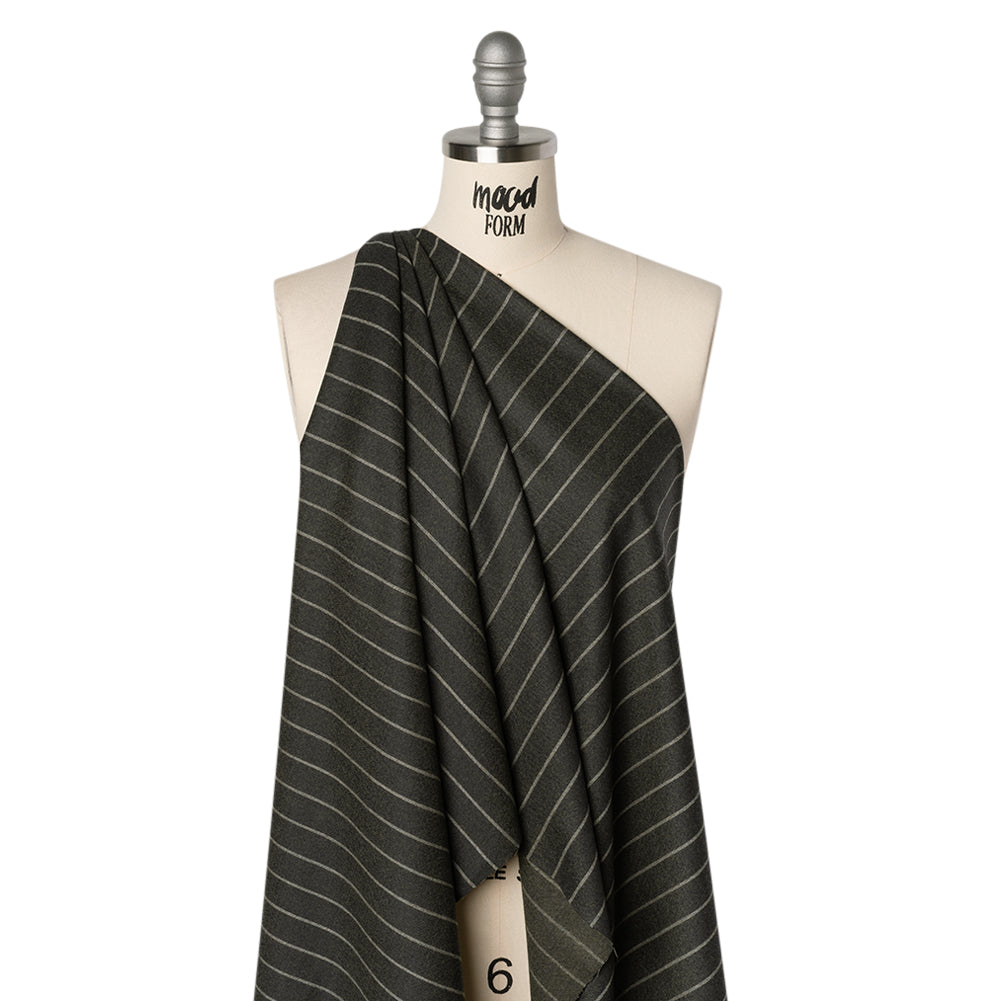 Stretch Virgin Wool Twill Suiting Made in Italy - Dark Green and White Chalk Stripes - Drape
