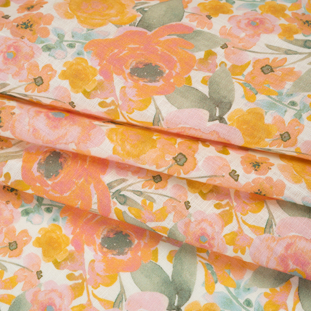 Lightweight Linen Woven Print - Peachy Pink, Yellow and Sage Green Watercolor Florals - Folded