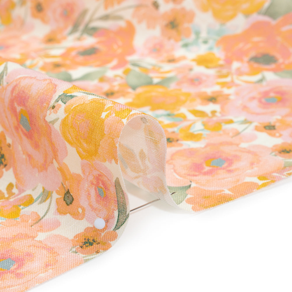 Lightweight Linen Woven Print - Peachy Pink, Yellow and Sage Green Watercolor Florals - Detail