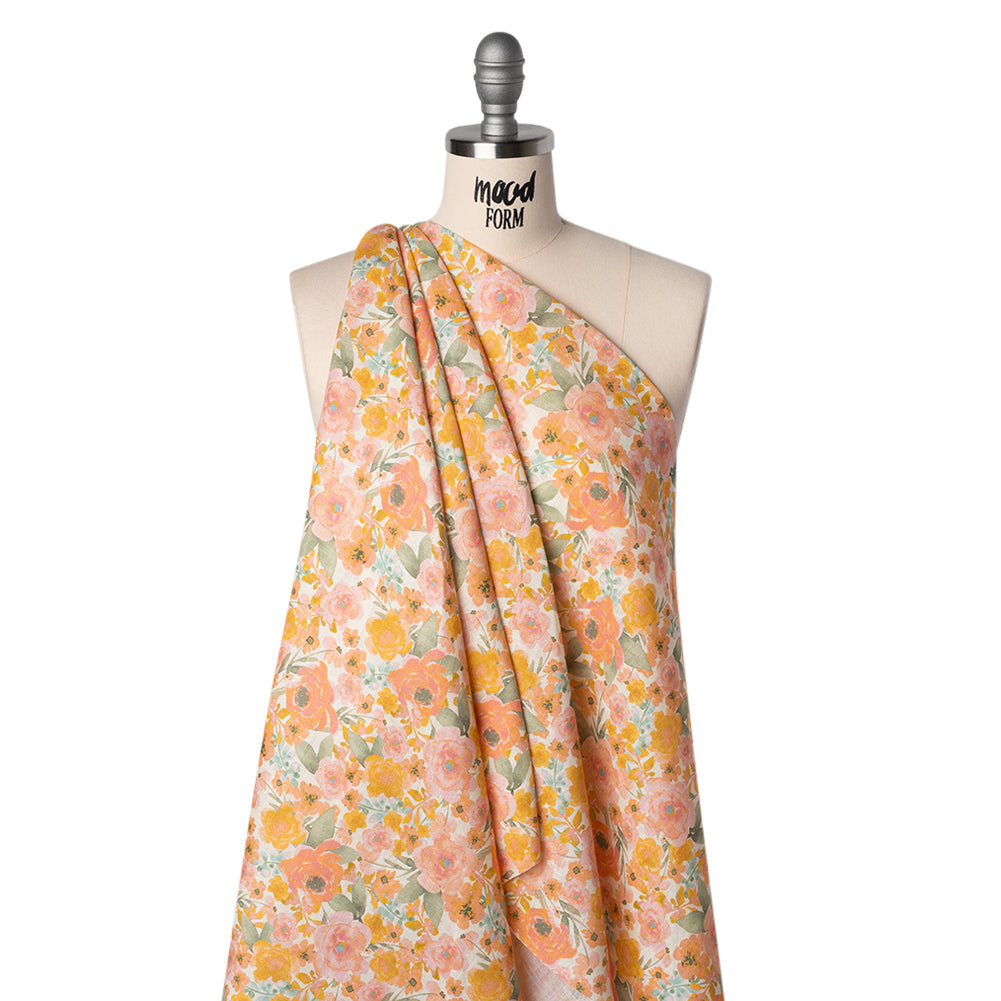 Lightweight Linen Woven Print - Peachy Pink, Yellow and Sage Green Watercolor Florals - Drape