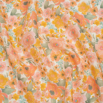 Lightweight Linen Woven Print - Peachy Pink, Yellow and Sage Green Watercolor Florals