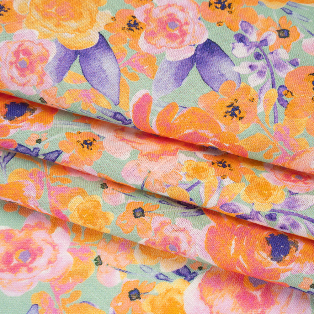 Lightweight Linen Woven Print - Light Sage, Purple and Orange Watercolor Florals - Folded