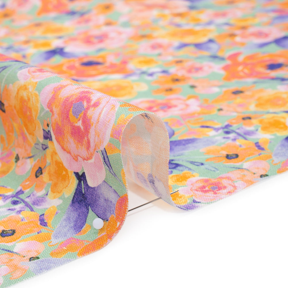 Lightweight Linen Woven Print - Light Sage, Purple and Orange Watercolor Florals - Detail