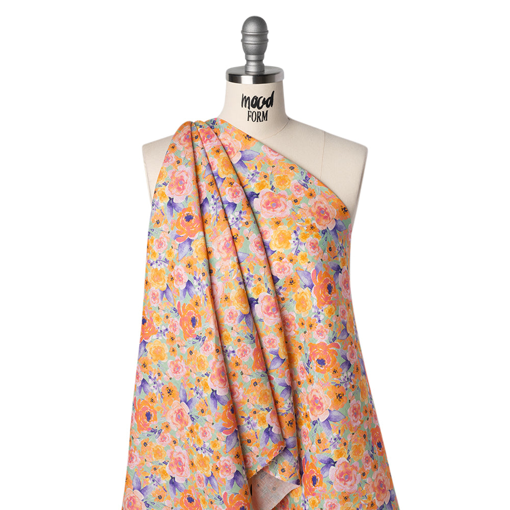 Lightweight Linen Woven Print - Light Sage, Purple and Orange Watercolor Florals - Drape