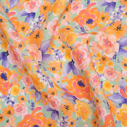 Lightweight Linen Woven Print - Light Sage, Purple and Orange Watercolor Florals