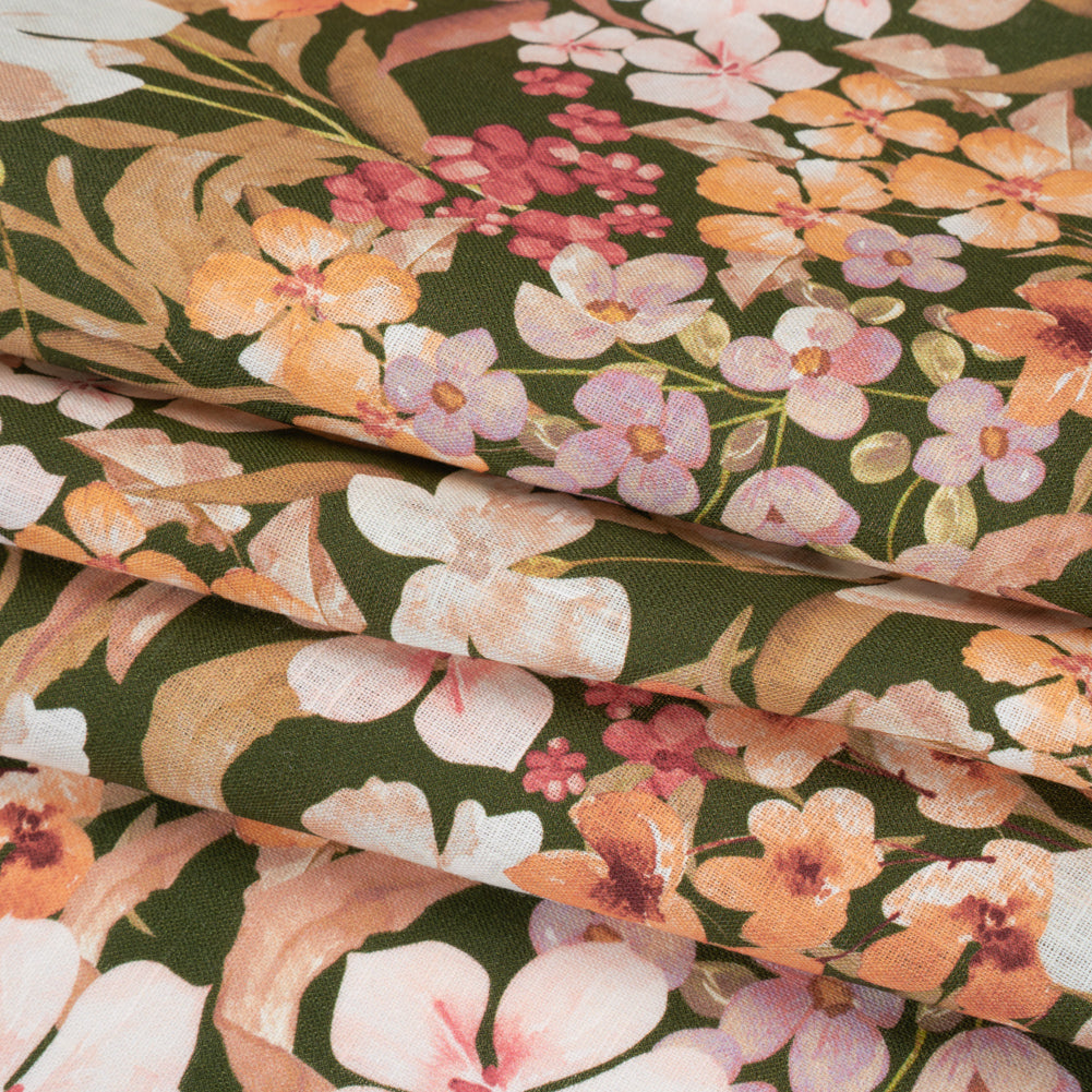 Medium Weight Linen Woven Print - Dark Sage, Pink and Creamsicle Floral - Folded