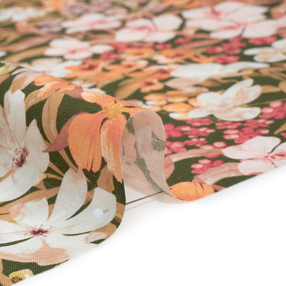 Medium Weight Linen Woven Print - Dark Sage, Pink and Creamsicle Floral