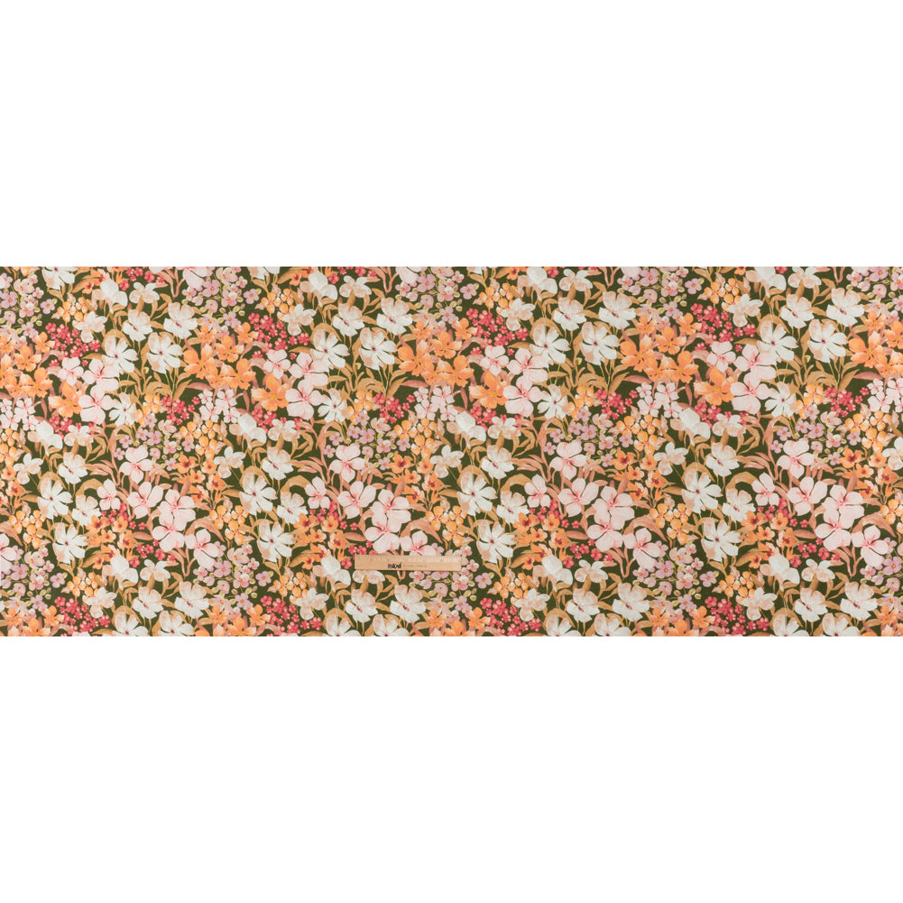 Medium Weight Linen Woven Print - Dark Sage, Pink and Creamsicle Floral - Full
