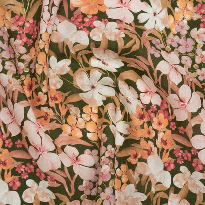 Medium Weight Linen Woven Print - Dark Sage, Pink and Creamsicle Floral