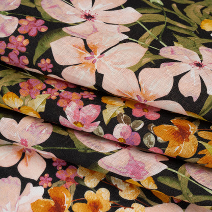 Medium Weight Linen Woven Print - Midnight, Pink and Tiger Lily Orange Floral