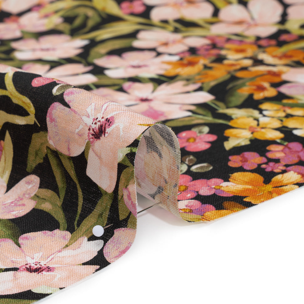 Medium Weight Linen Woven Print - Midnight, Pink and Tiger Lily Orange Floral - Detail