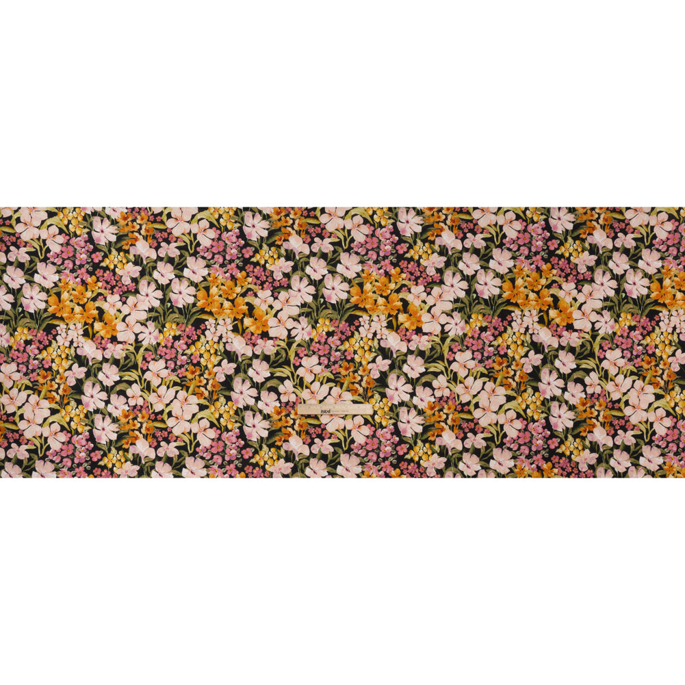 Medium Weight Linen Woven Print - Midnight, Pink and Tiger Lily Orange Floral - Full