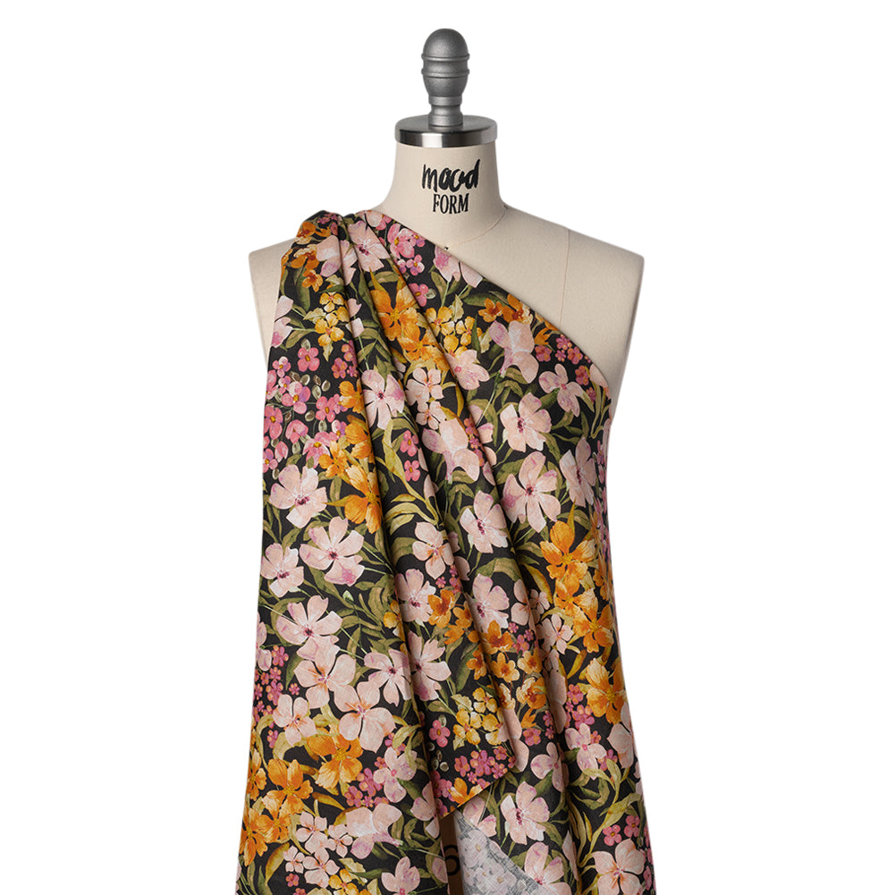 Medium Weight Linen Woven Print - Midnight, Pink and Tiger Lily Orange Floral - Drape